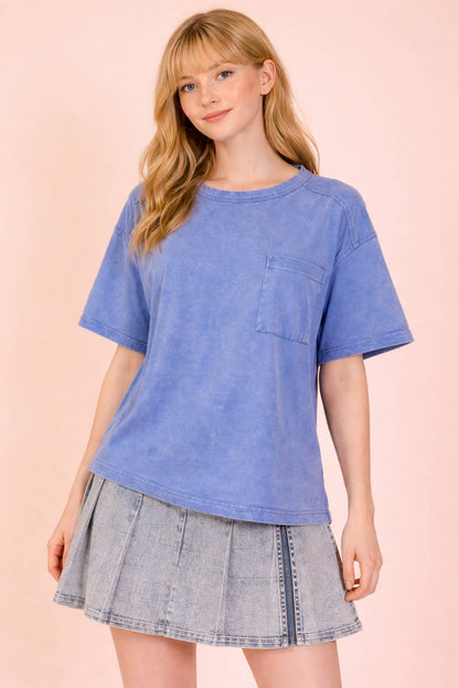 NT11108-Mineral Washed Knit Top with Pocket