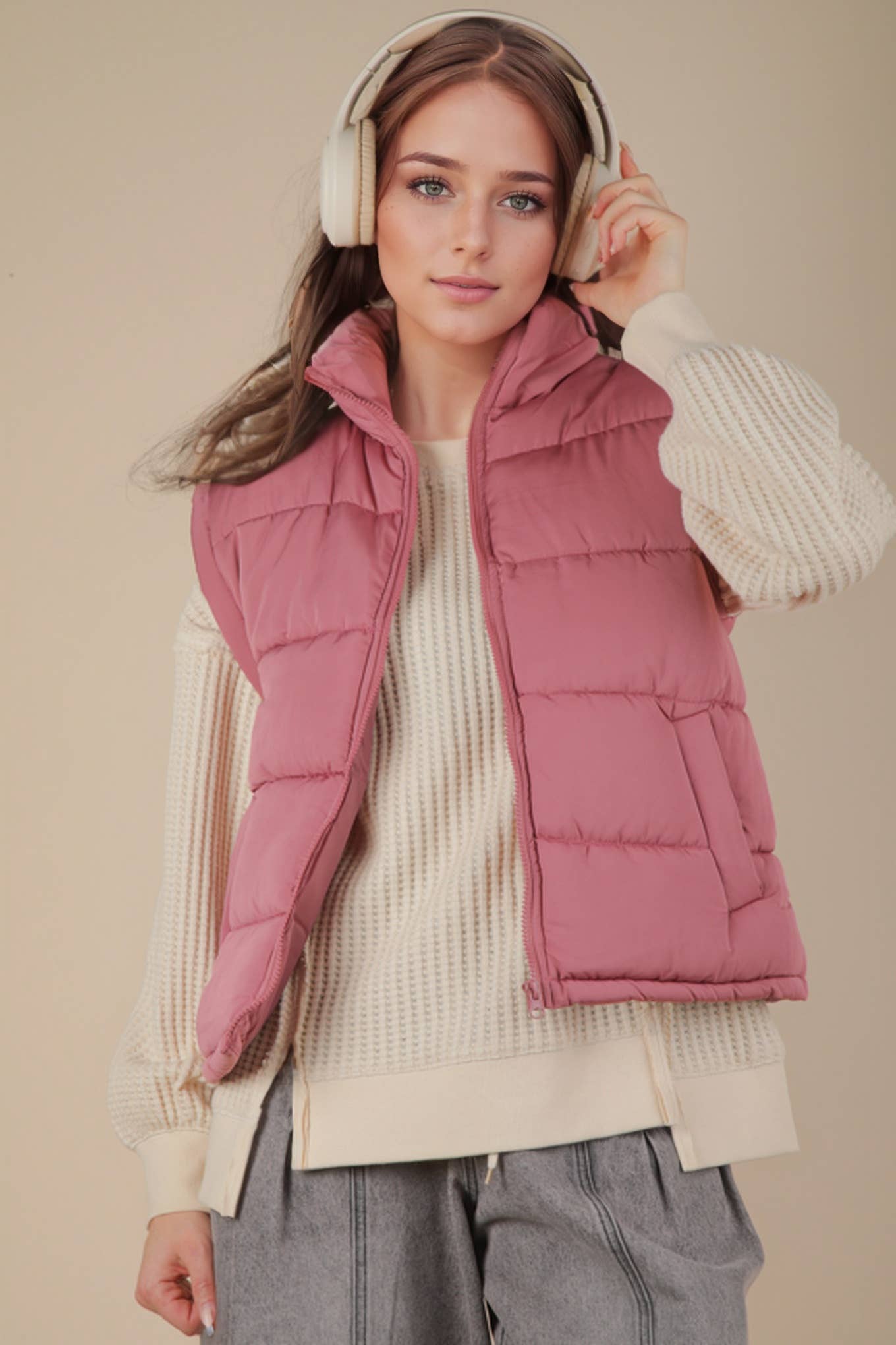 NJ90280-High Neck Casual Comfy Puffer Vest