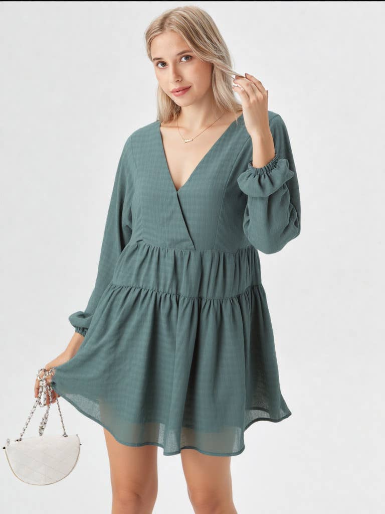 ND30996-Textured Woven Mini Dress W/ Back Tie