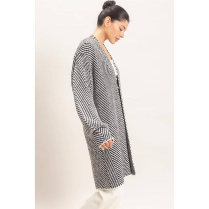 Herringbone Pattern Open-Front Cardigan
