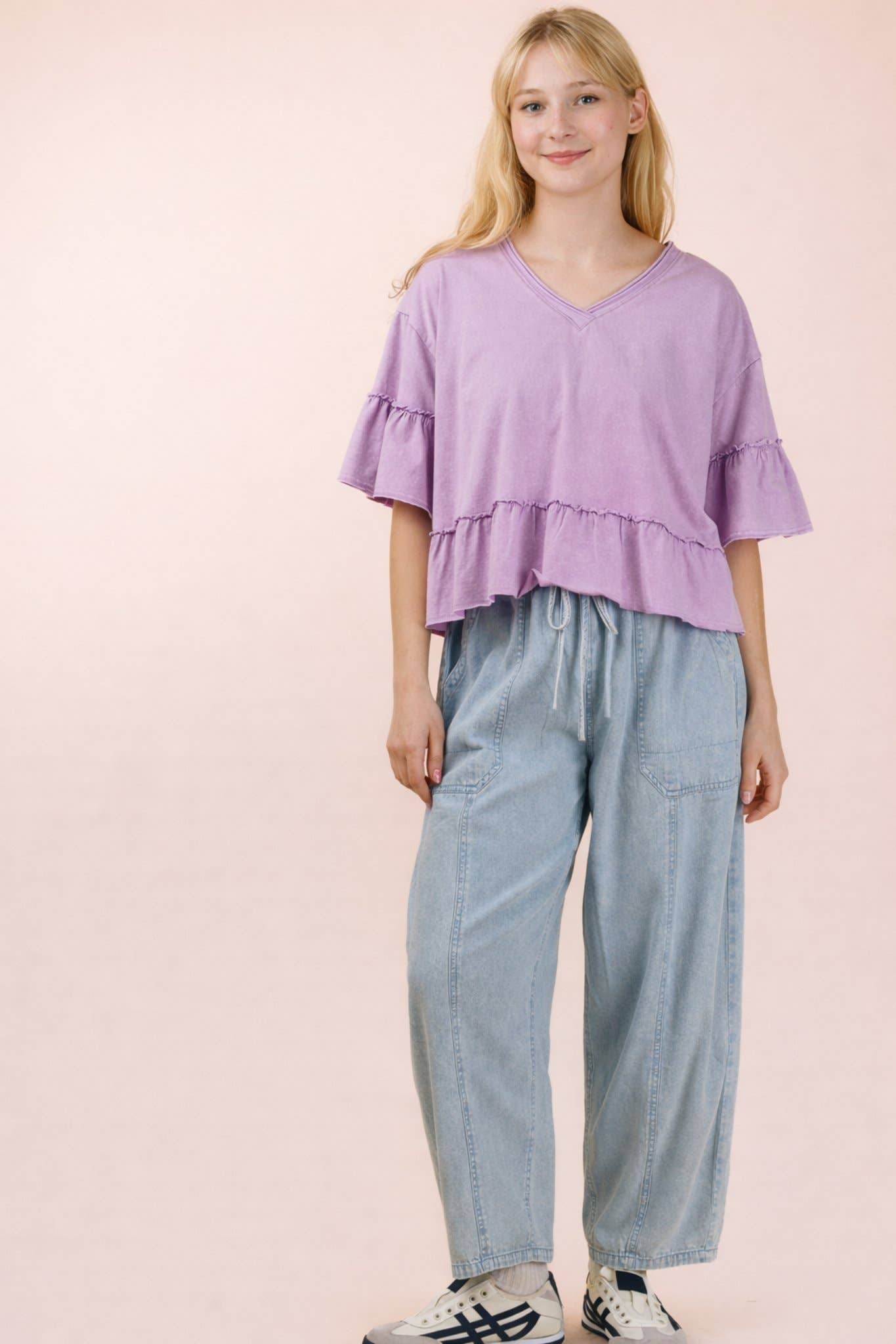NT12430-Mineral Washed Ruffle Detail Knit Top
