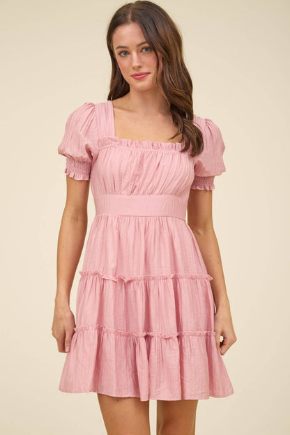 SQUARE NECK SMOCKED DETAIL TIERED MINI DRESS