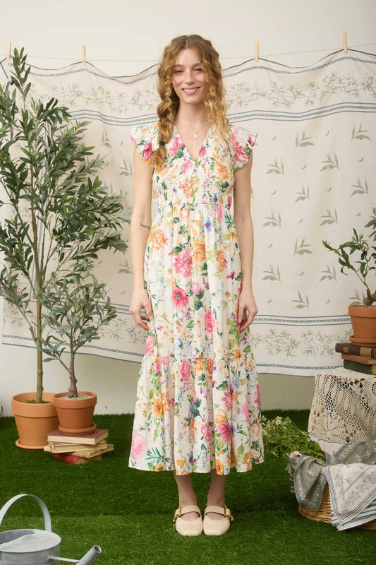 MULTI-COLOR FLORAL V NECK SMOCKED MIDI DRESS