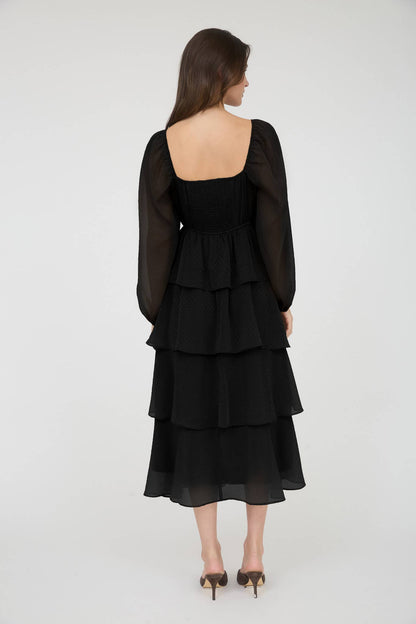 LUREX RUFFLE TIERED LONG SLEEVE MIDI DRESS