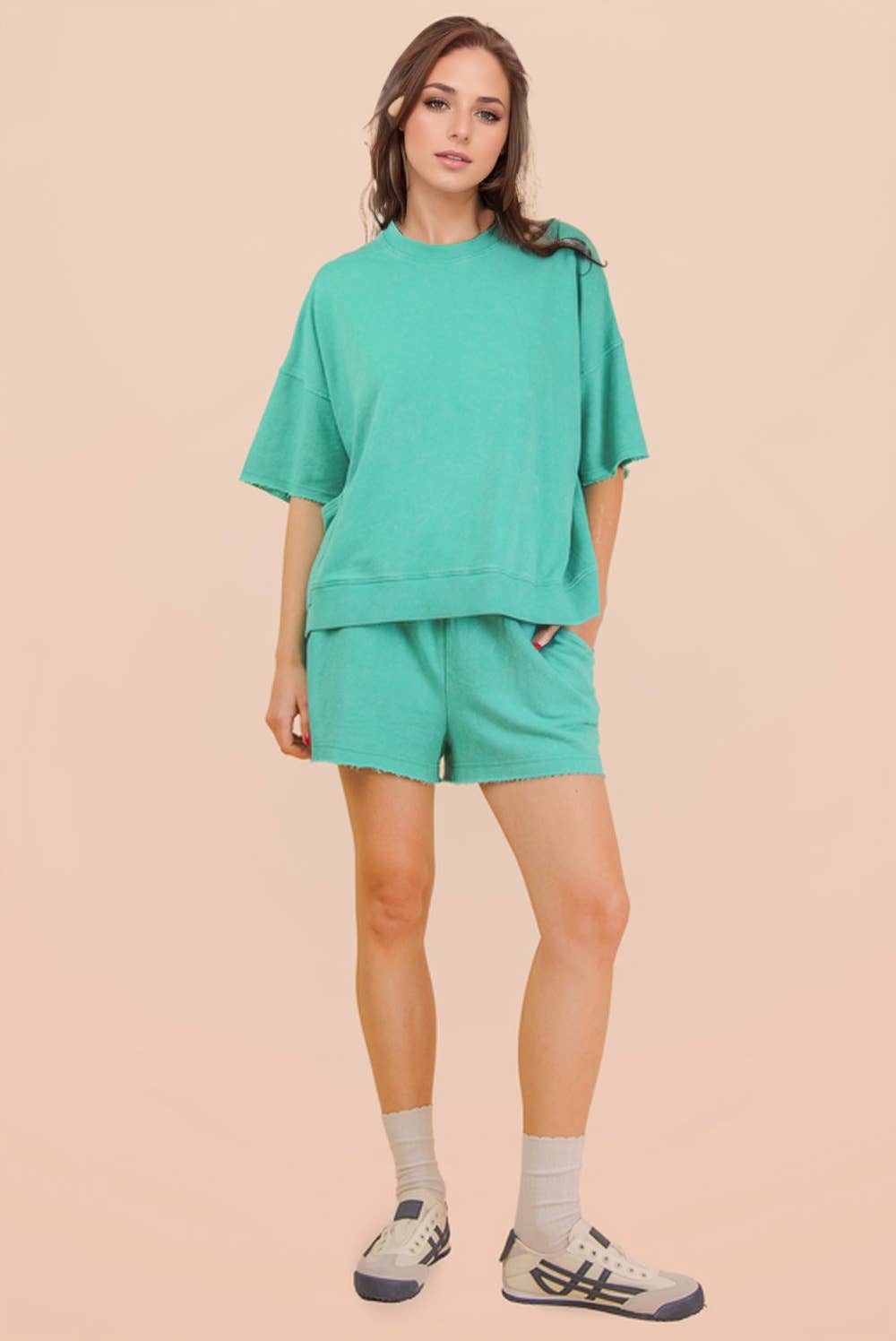 NT12429SET-Mineral Washed Knit Casual Top & Shorts