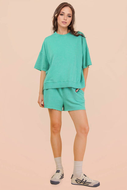 NT12429SET-Mineral Washed Knit Casual Top & Shorts