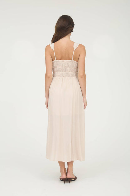 SHIRRED FRONT TIE DETAIL SLEEVELESS MIDI DRESS