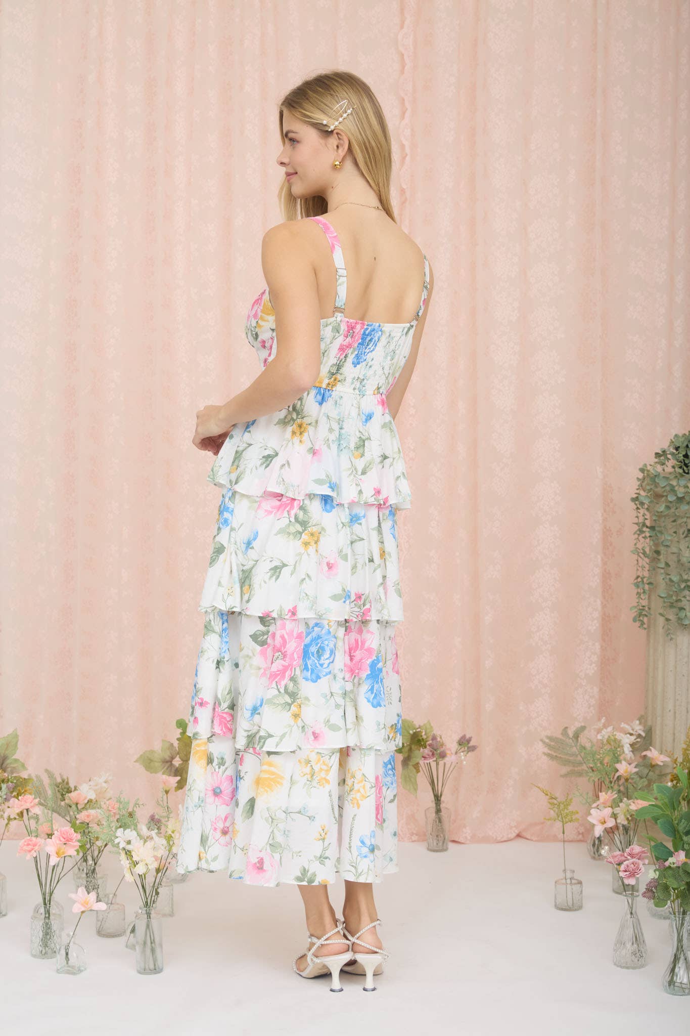 FLORAL SLEEVELESS RUFFLE TIERED SKIRT MIDI DRESS