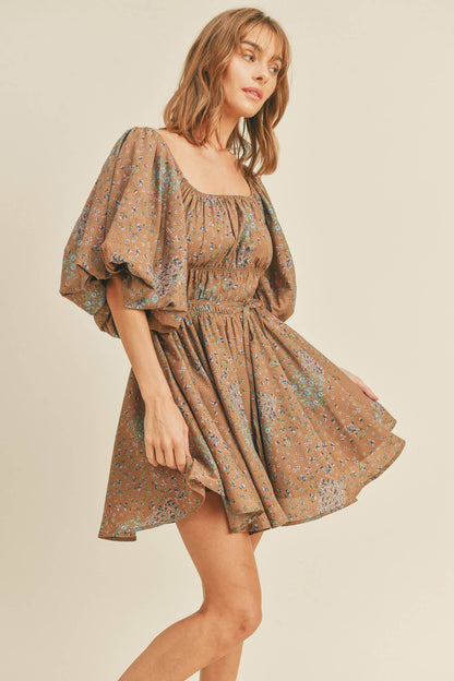 FLORAL PRINT BUBBLE SLEEVE FLARED MINI DRESS MDR1930