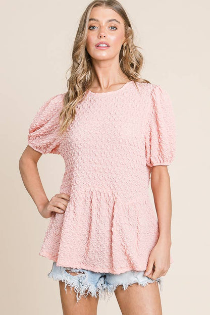 Solid Bubble Textured Short Sleeve Peplum Blouse