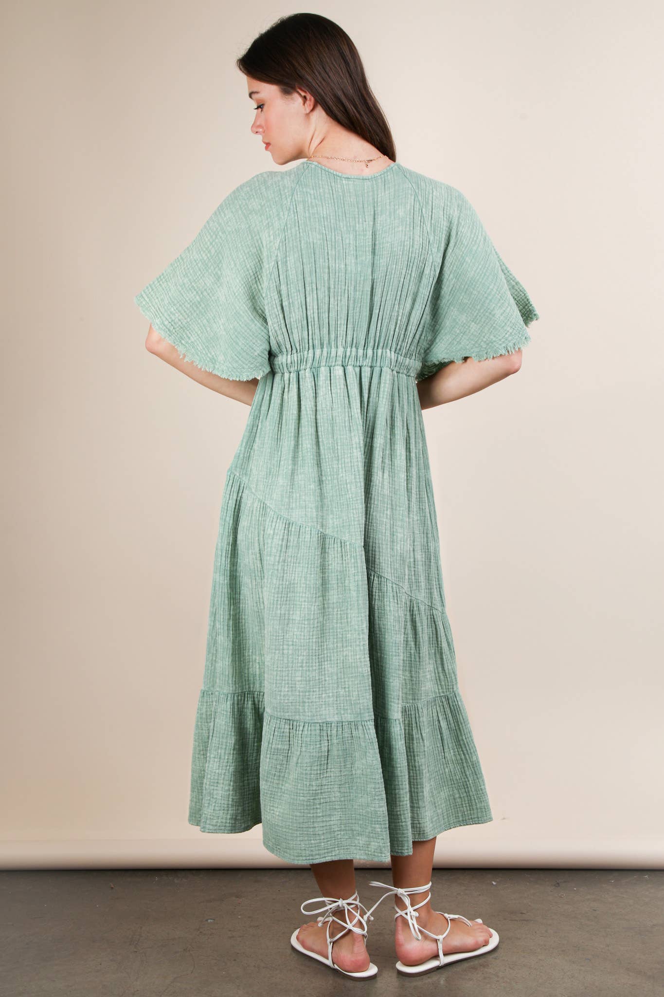 ND31584-Mineral Washed Elastic Neck Detail Midi Dress