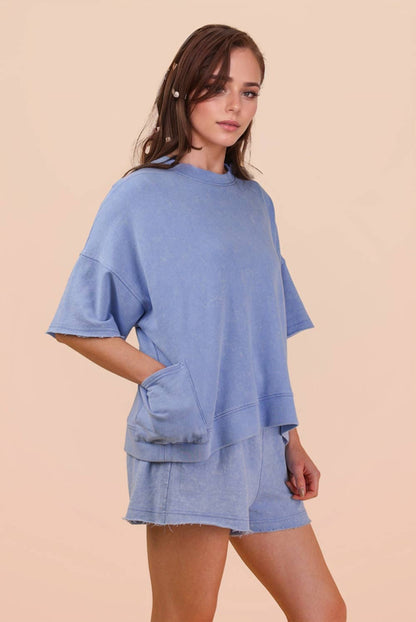 NT12429SET-Mineral Washed Knit Casual Top & Shorts
