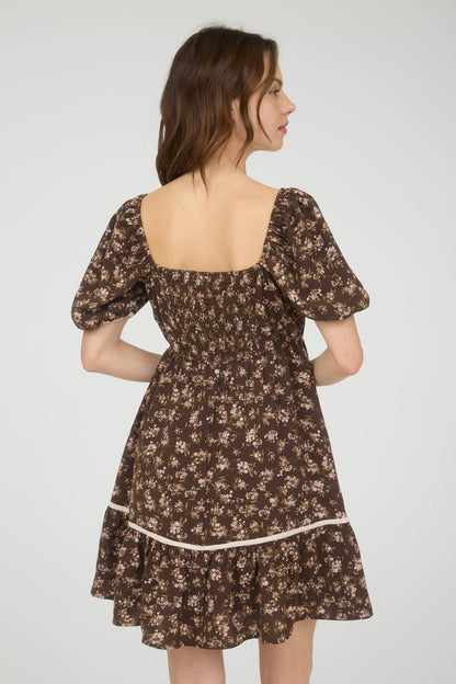 FLORAL CONTRAST TRIM DETAIL PUFF SLEEVES MINI DRESS
