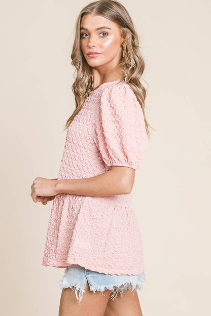 Solid Bubble Textured Short Sleeve Peplum Blouse