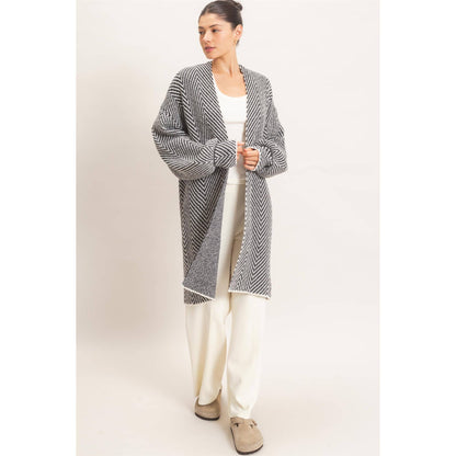 Herringbone Pattern Open-Front Cardigan