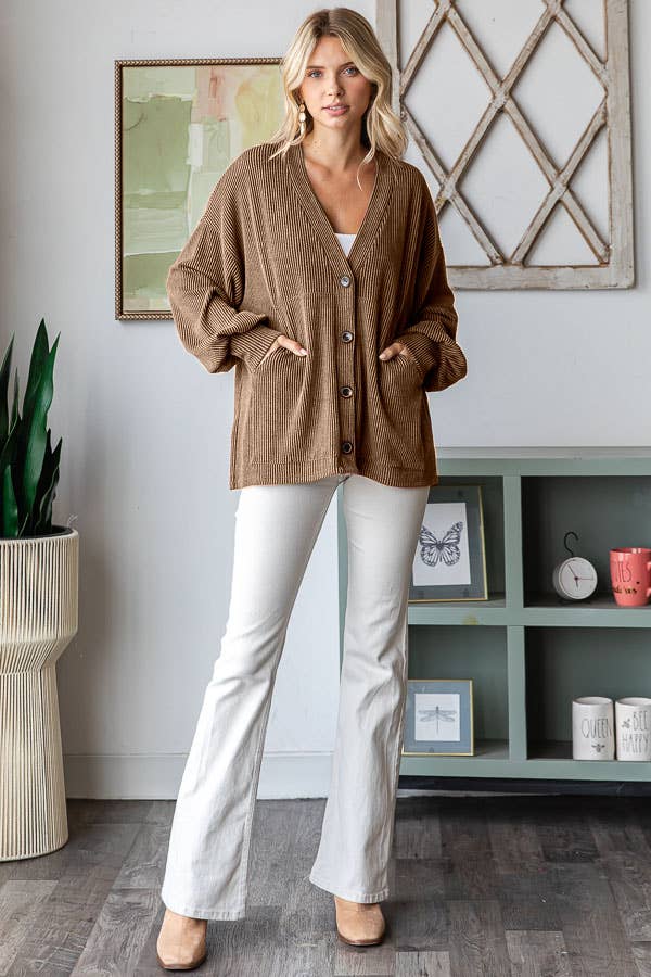 Solid Rib Drop Shoulder Button Balloon Sleeve Cardigan T5745