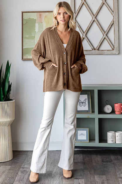 Solid Rib Drop Shoulder Button Balloon Sleeve Cardigan T5745
