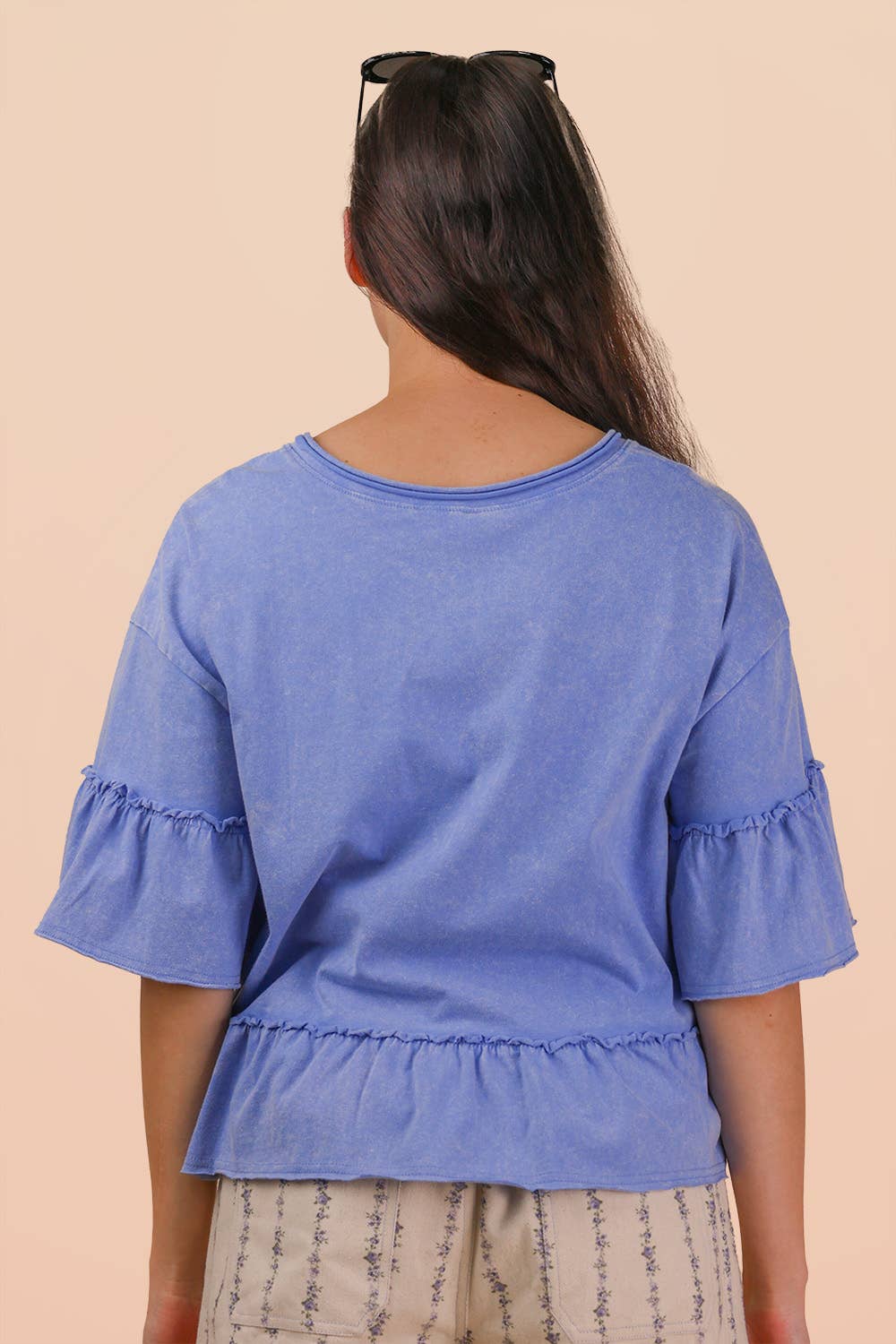 NT12430-Mineral Washed Ruffle Detail Knit Top