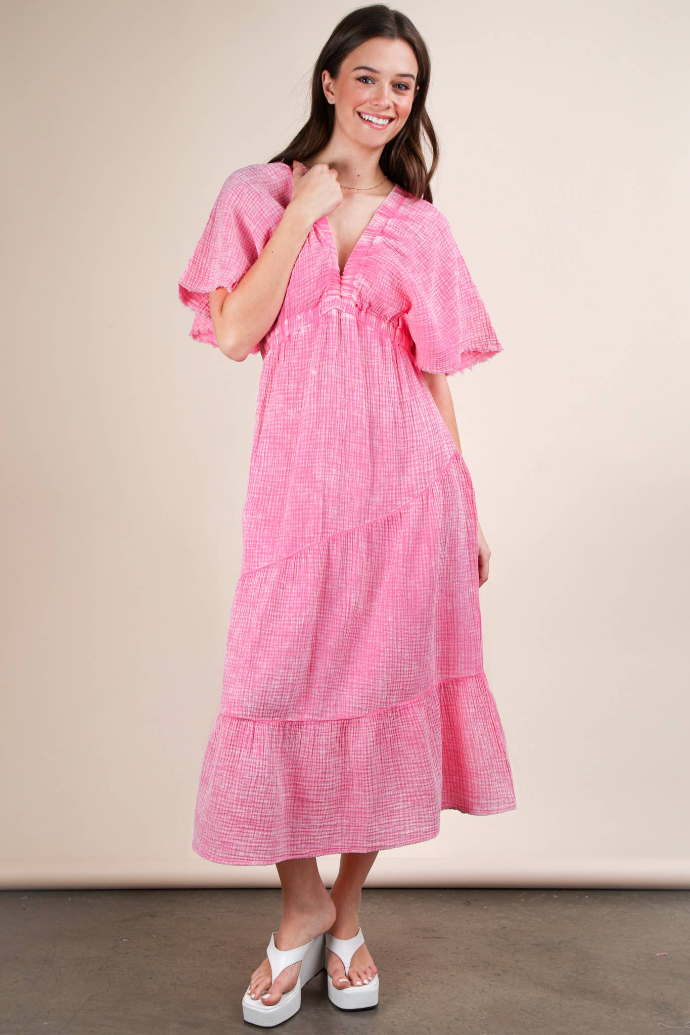 ND31584-Mineral Washed Elastic Neck Detail Midi Dress