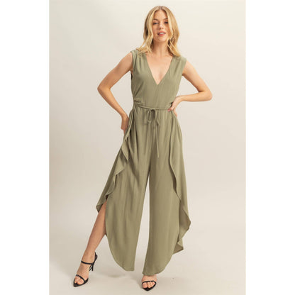 V-Neck Side Cutout Curved Hem Jumpsuit