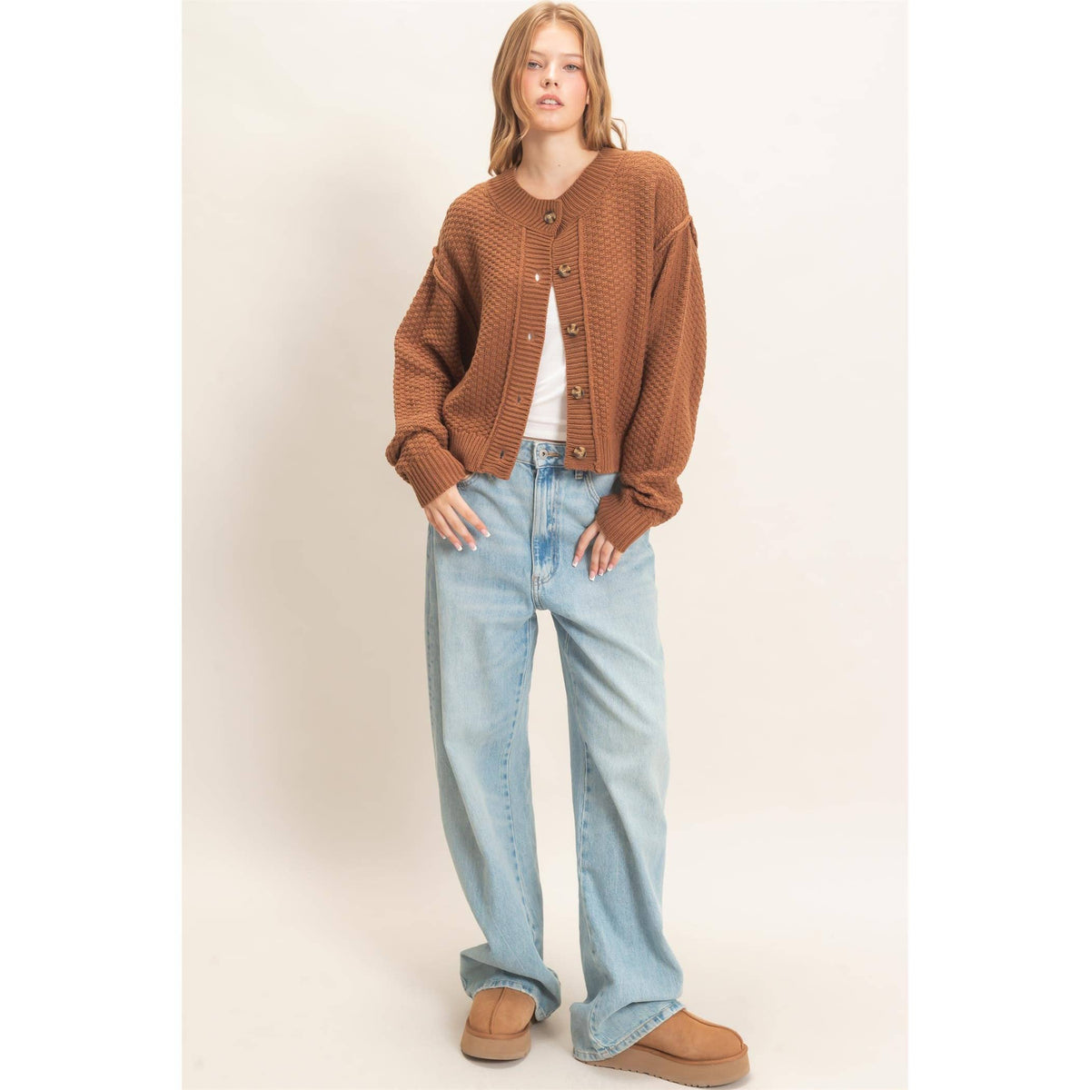 Textured Knit Button-Front Cardigan