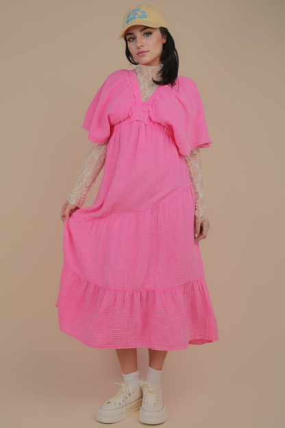 ND31584-Mineral Washed Elastic Neck Detail Midi Dress