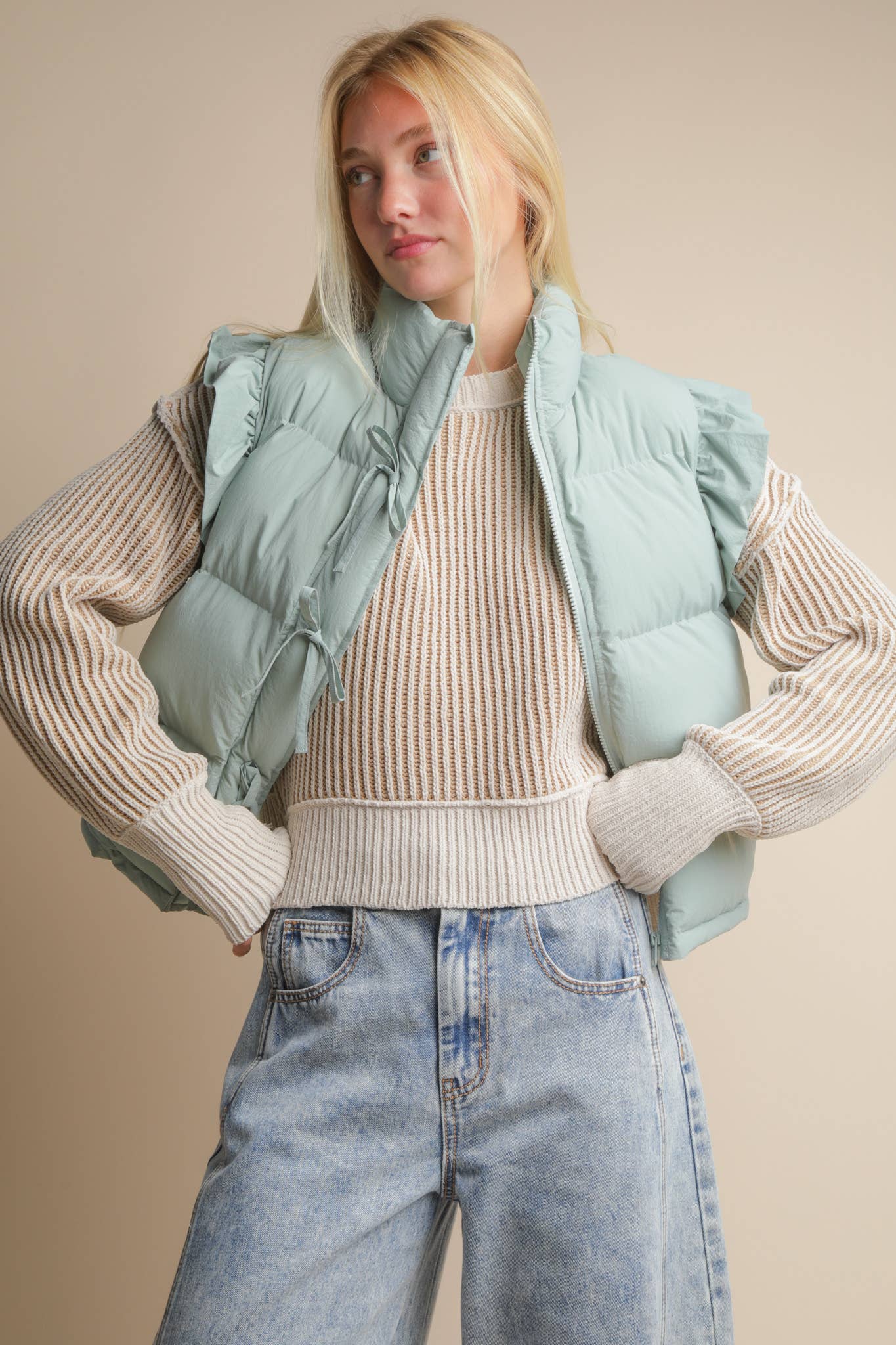 NJ90385-Front Bow Ruffle Sleeve Puffer Vest