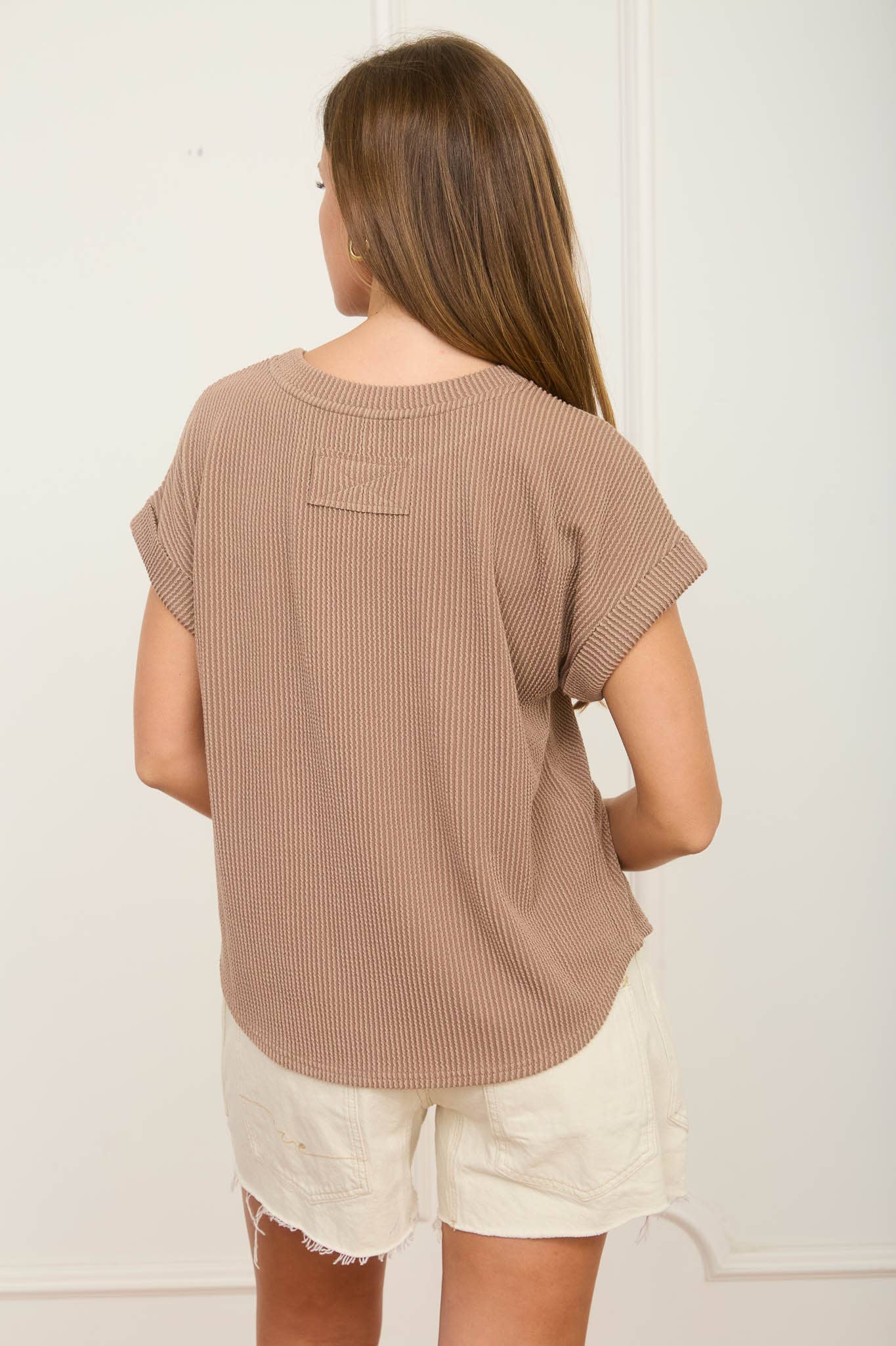 RIBBED CREW NECK SHORT CUFF SLEEVE KNIT TOP