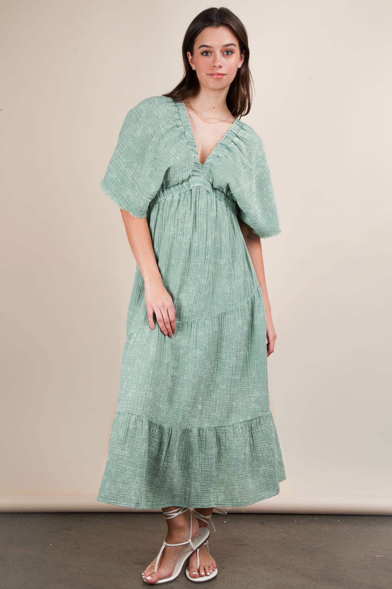 ND31584-Mineral Washed Elastic Neck Detail Midi Dress
