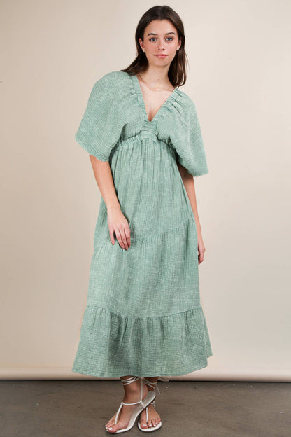ND31584-Mineral Washed Elastic Neck Detail Midi Dress