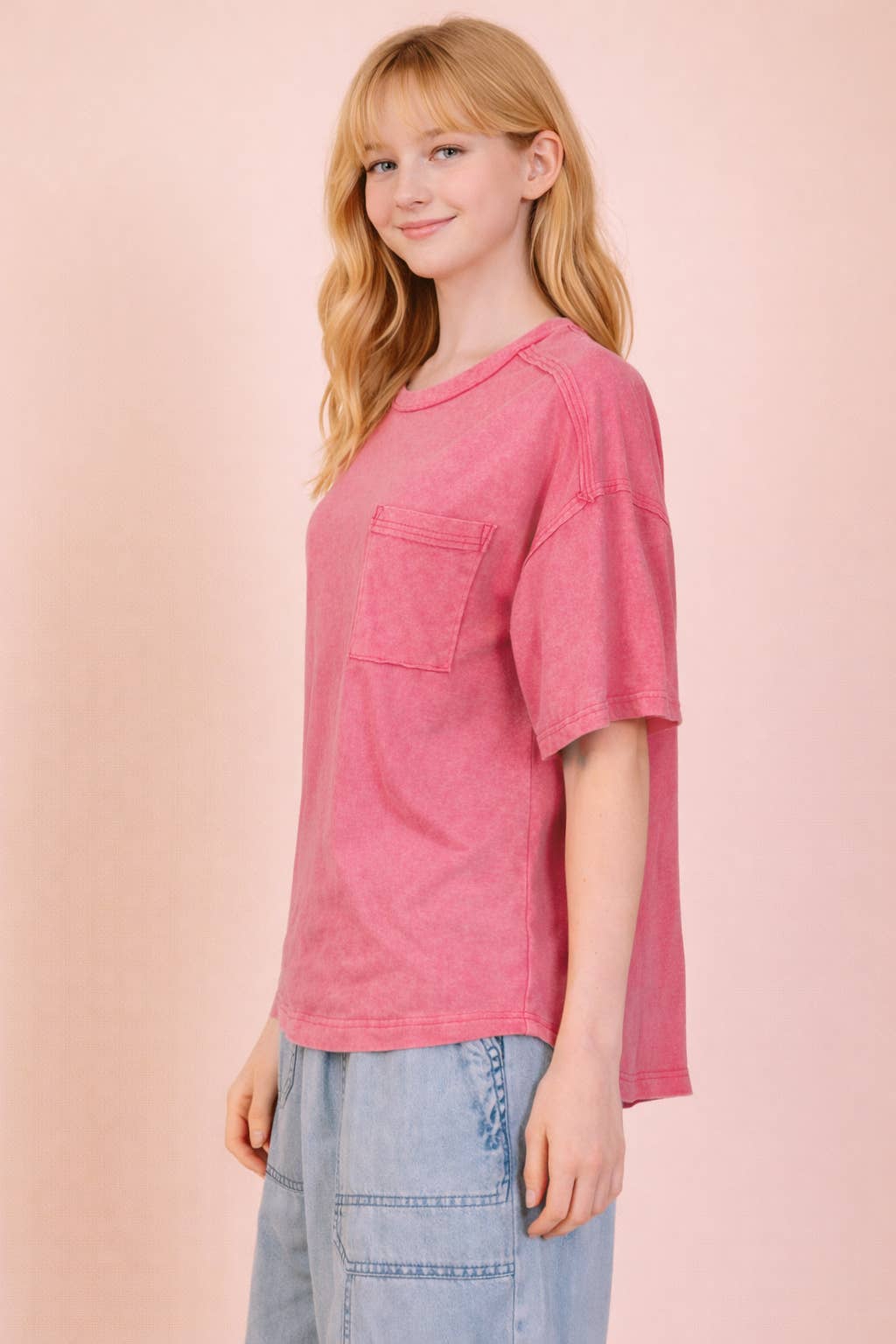 NT11108-Mineral Washed Knit Top with Pocket