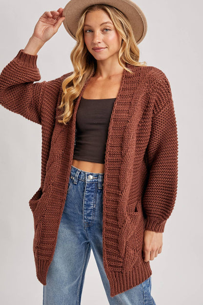 CHUNKY CABLE LANTERN SLEEVE CARDIGAN