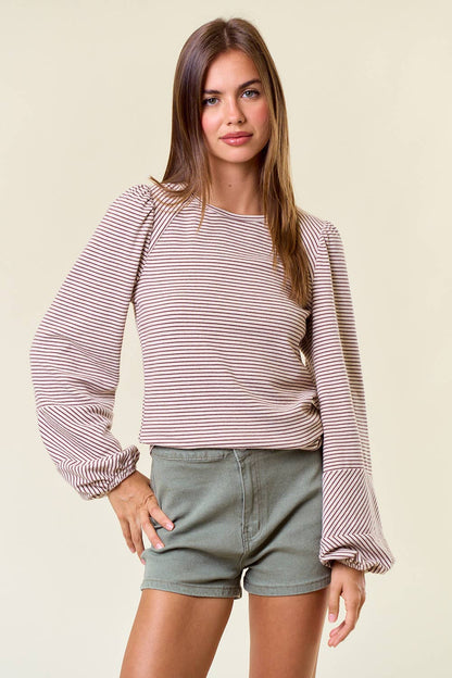 Round Neck Bubble Long Sleeve Striped Top