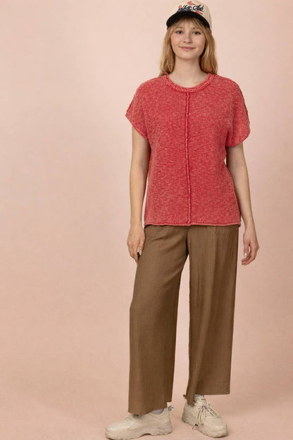 12W3342N-Mineral Washed Knit Casual Sweater Top