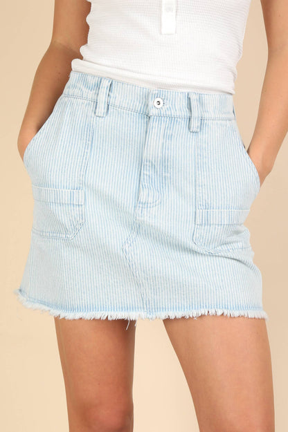 NS50140-Mineral Washed Denim Striped Casual Mini Skirt