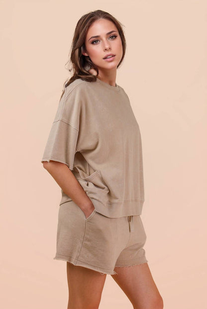 NT12429SET-Mineral Washed Knit Casual Top & Shorts