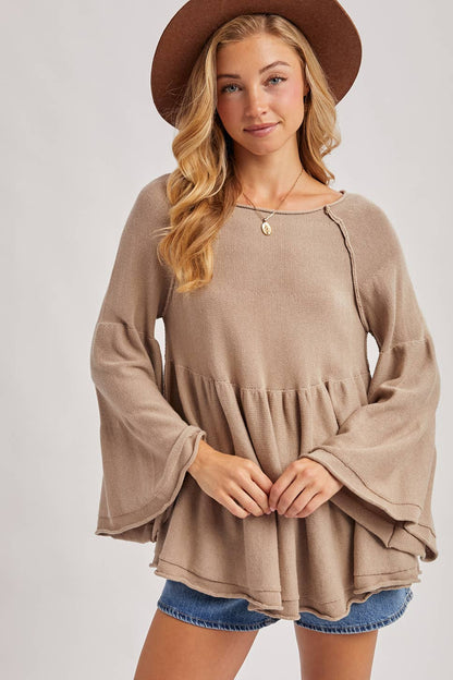 OVER STITCH TIERED BABY DOLL BELL SLEEVED SWEATER
