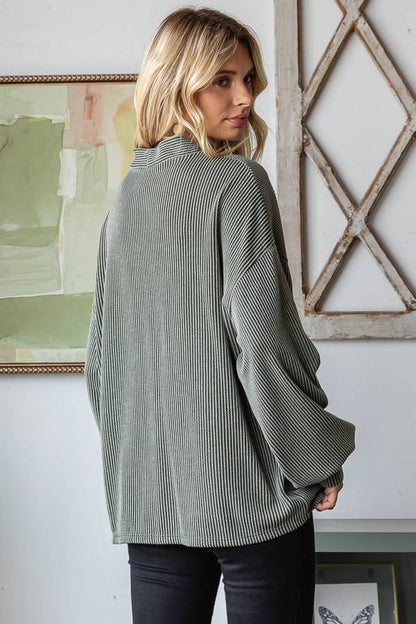 Solid Rib Drop Shoulder Button Balloon Sleeve Cardigan T5745