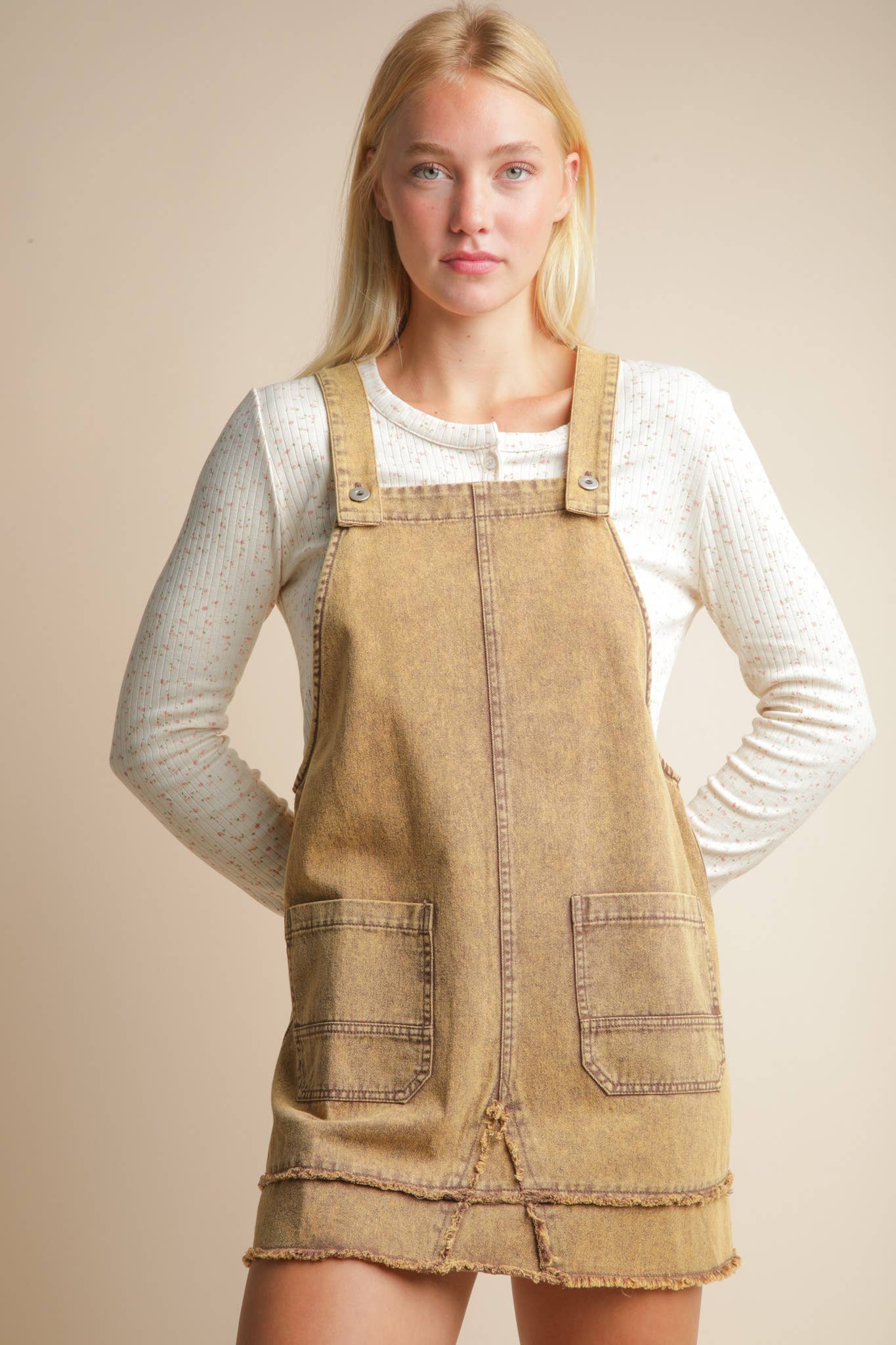 ND31791-Washed Denim Overall Mini Dress