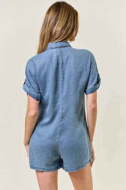 Denim Roll-Up Tab Short Sleeve Henley Romper - 27954R