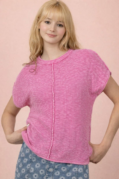 12W3342N-Mineral Washed Knit Casual Sweater Top