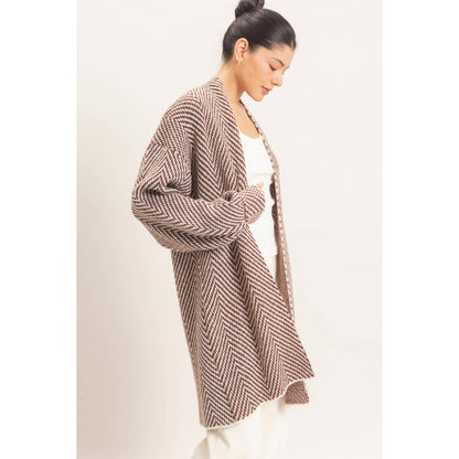 Herringbone Pattern Open-Front Cardigan