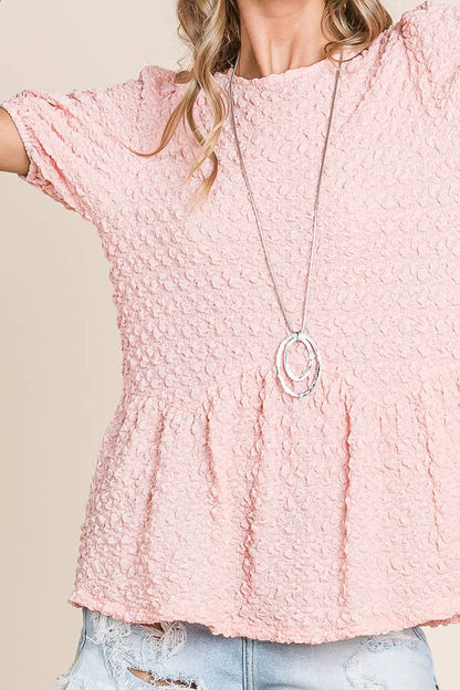 Solid Bubble Textured Short Sleeve Peplum Blouse