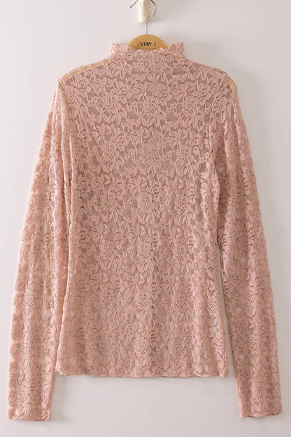 NT12220-High Neck Fitted Sheer Mesh Lace Knit Top