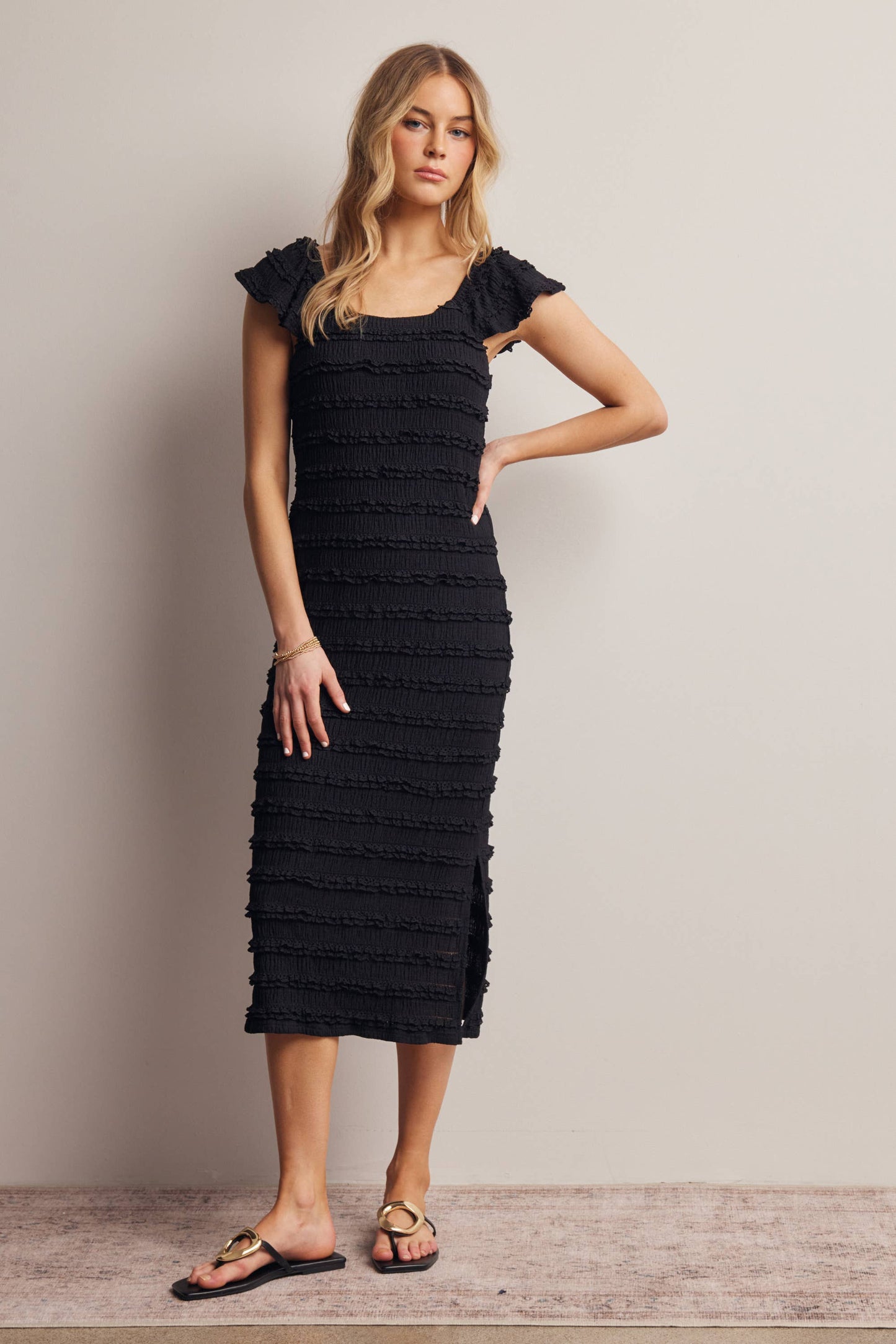 Smocked Ruffle Strap Midi Dress