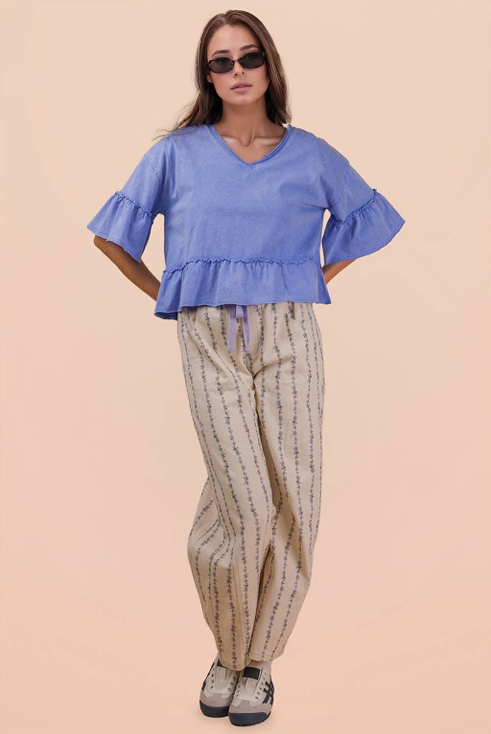 NT12430-Mineral Washed Ruffle Detail Knit Top