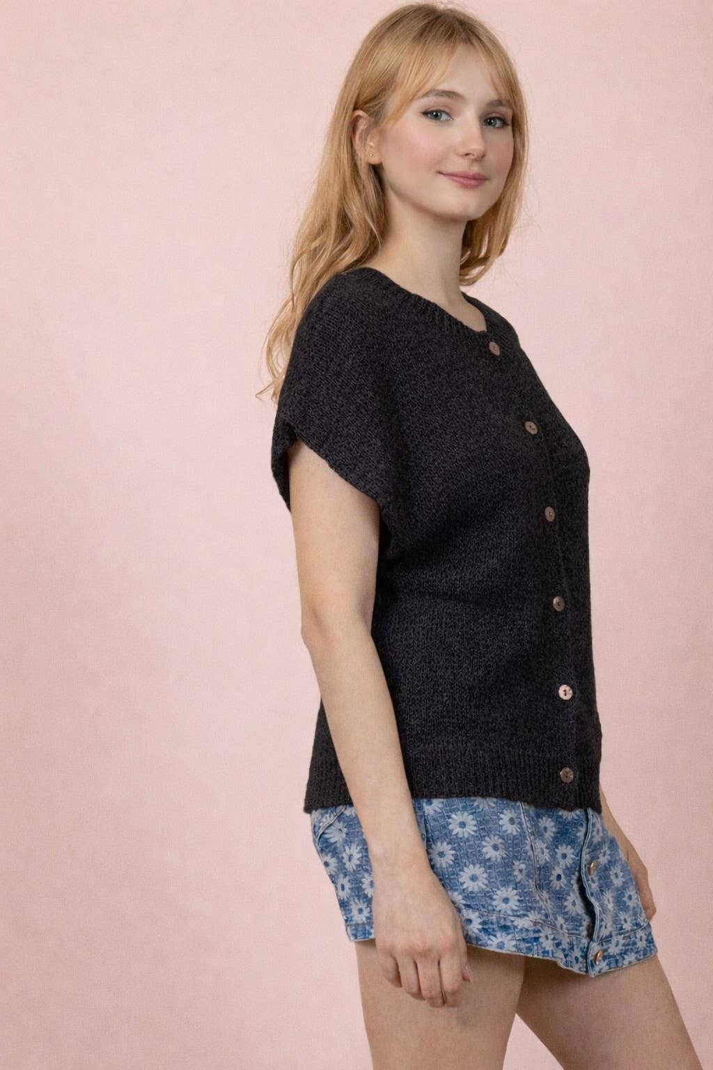 12W3653N-Button Down Solid Knit Summer Sweater Top