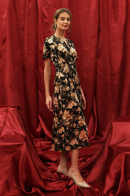 FLORAL VELVET  MIDI DRESS