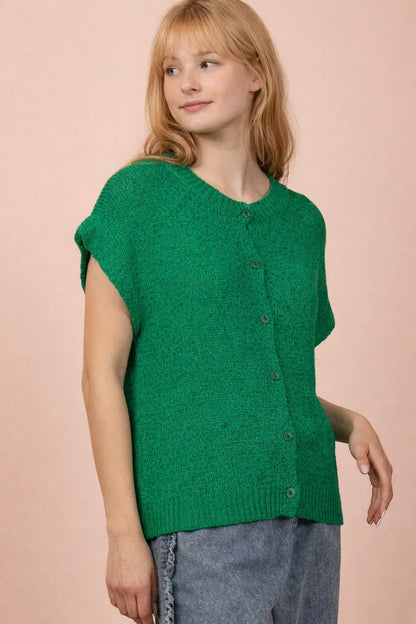 12W3653N-Button Down Solid Knit Summer Sweater Top