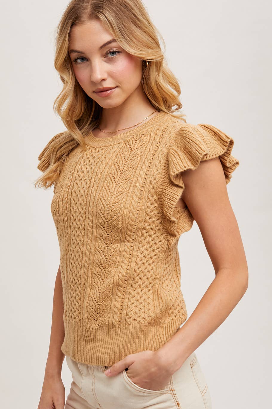 FLUTTER SLEEVED KNIT SWEATER TOP